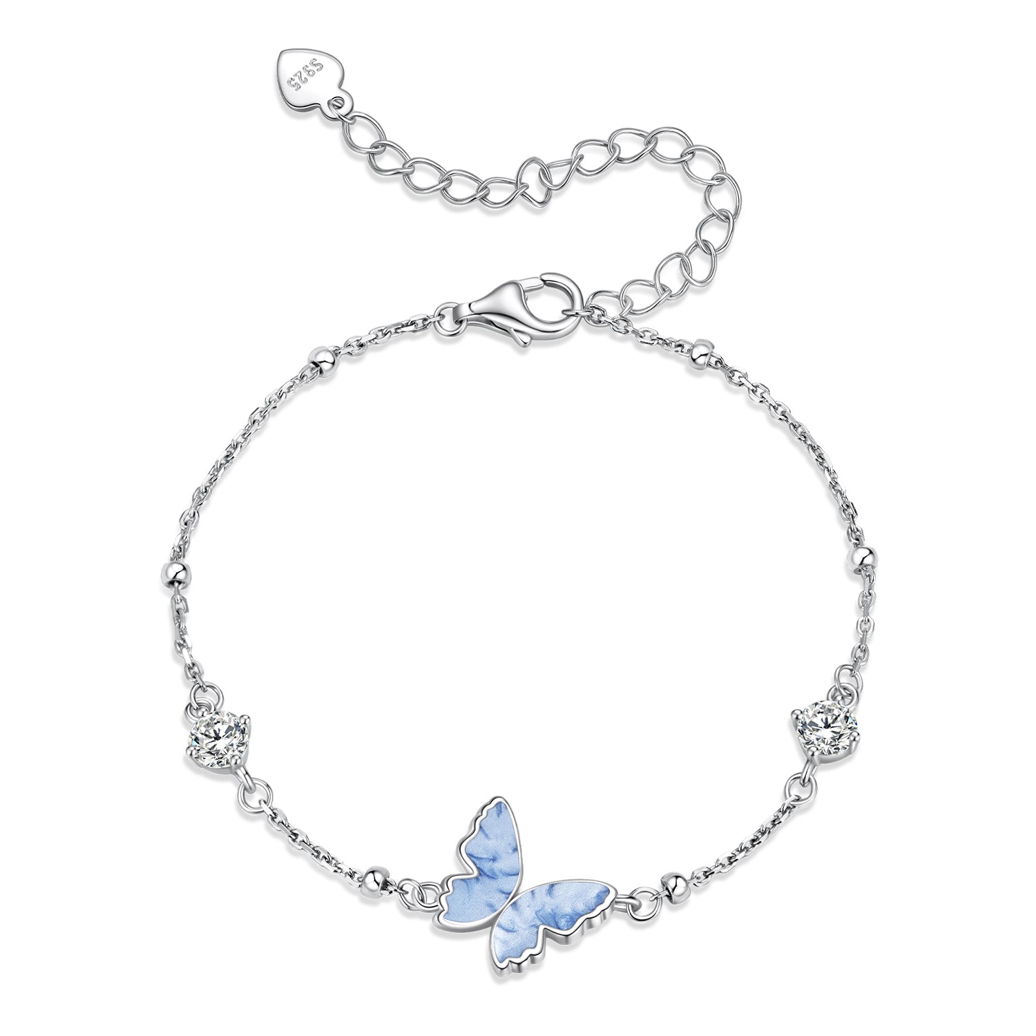 925 Sterling Silver White Gold Plated Bracelet with Enamel and CZ - 15+6cm Length  DestGlow