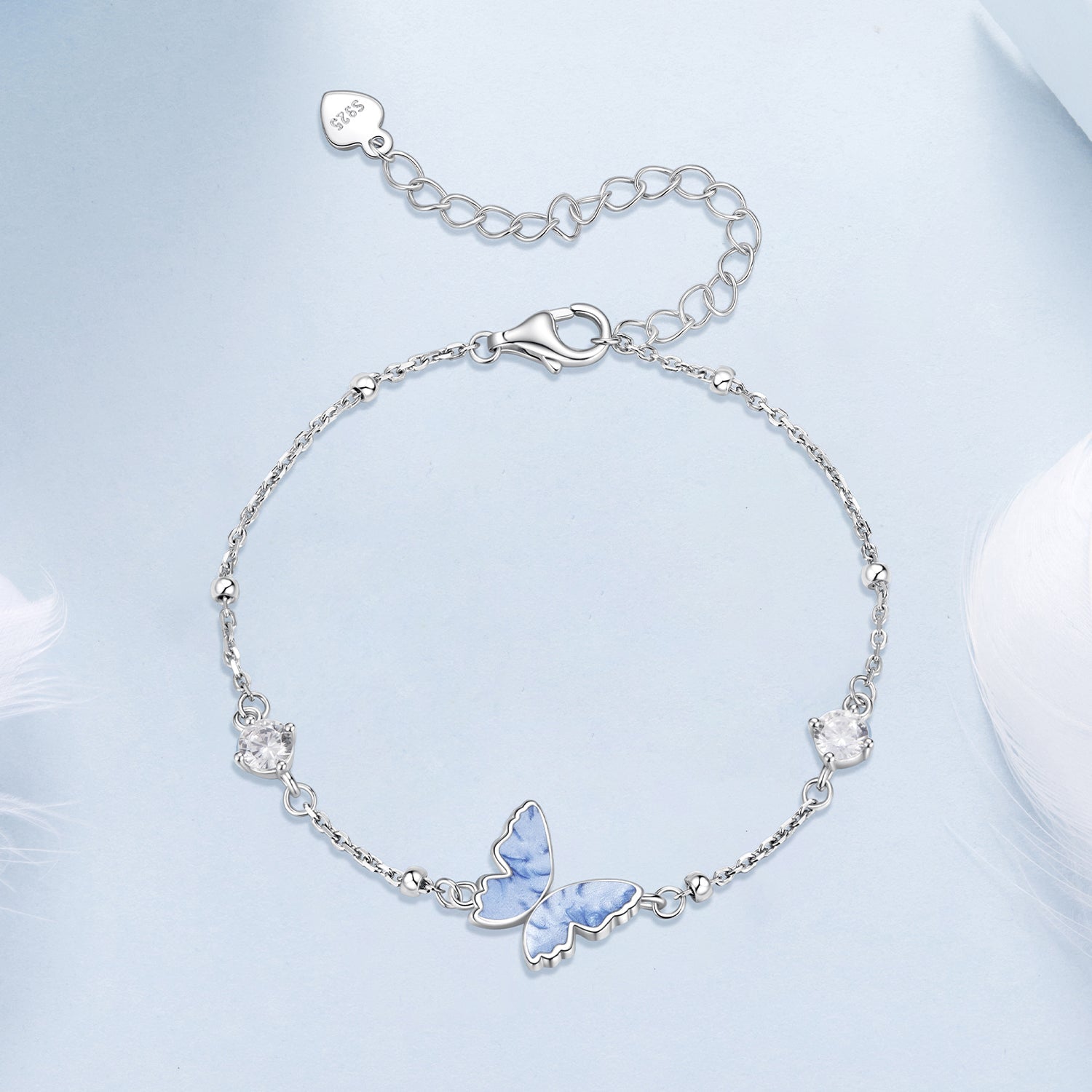 925 Sterling Silver White Gold Plated Bracelet with Enamel and CZ - 15+6cm Length  DestGlow