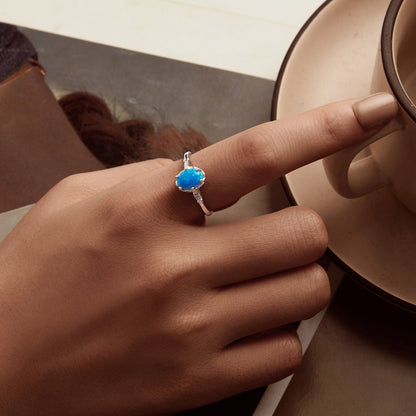 925 Sterling Silver Opal Rings in Size 6.0 with Pave Setting &amp; Plated White Gold for Women