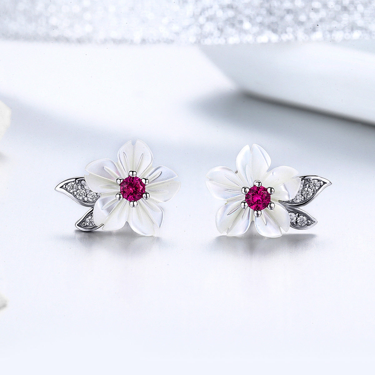 925 Sterling Silver Earrings with Pavé Setting CZ and High-Quality Nacre  DestGlow