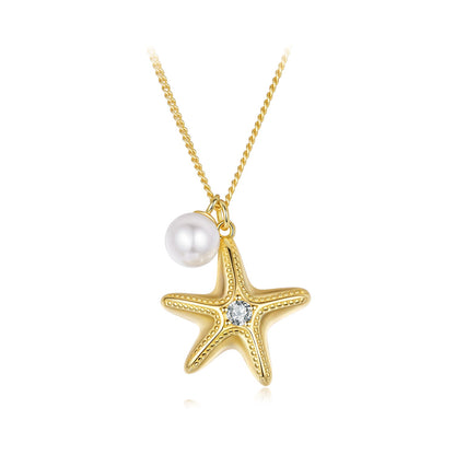 925 Sterling Silver Necklace with Gold Plating, 40+5cm, Featuring Synthetic Pearl &amp; CZ for Women