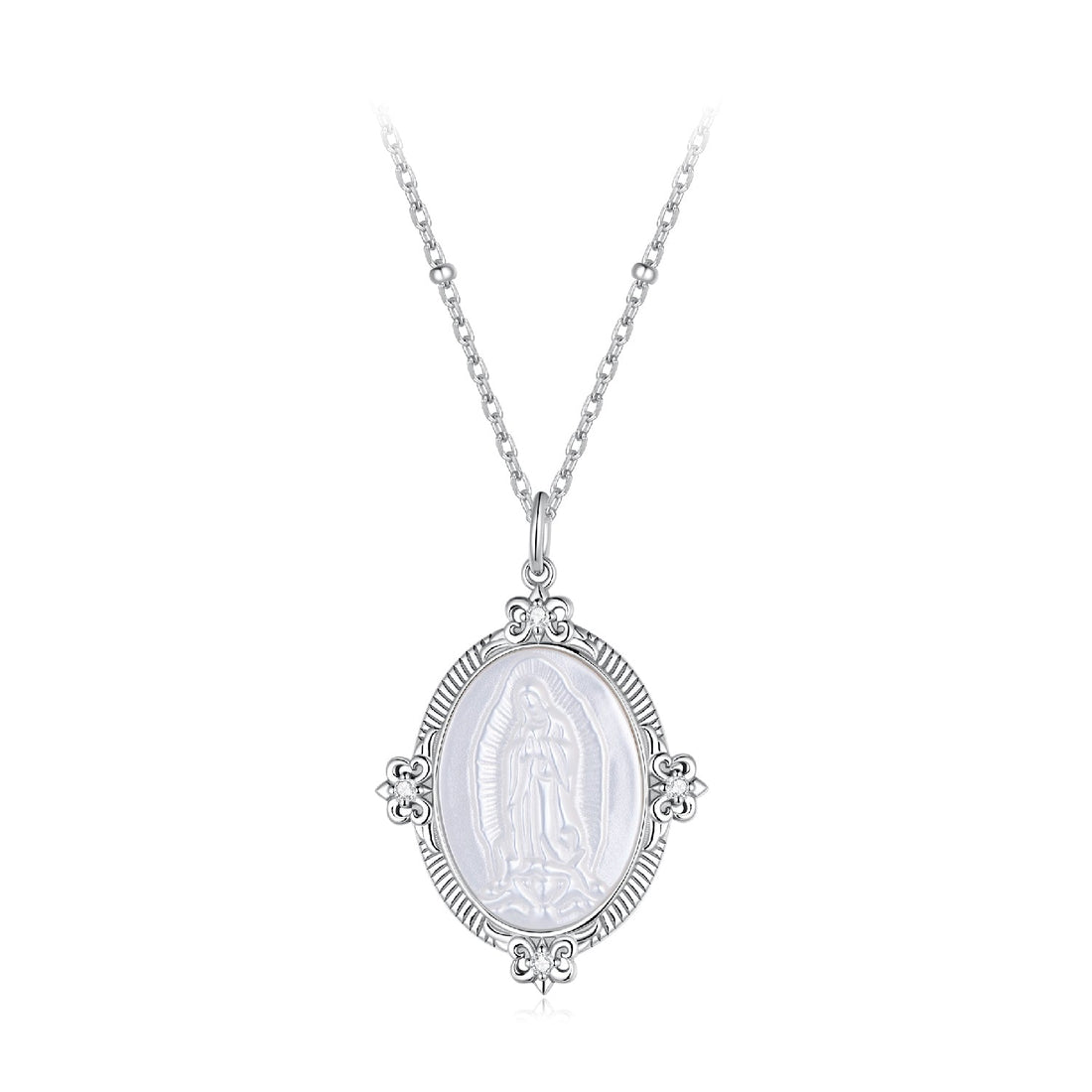 925 Sterling Silver Necklace with White Gold Plating, 40+5cm Length, CZ &amp; Mother of Pearl Pendant for Women  DestGlow