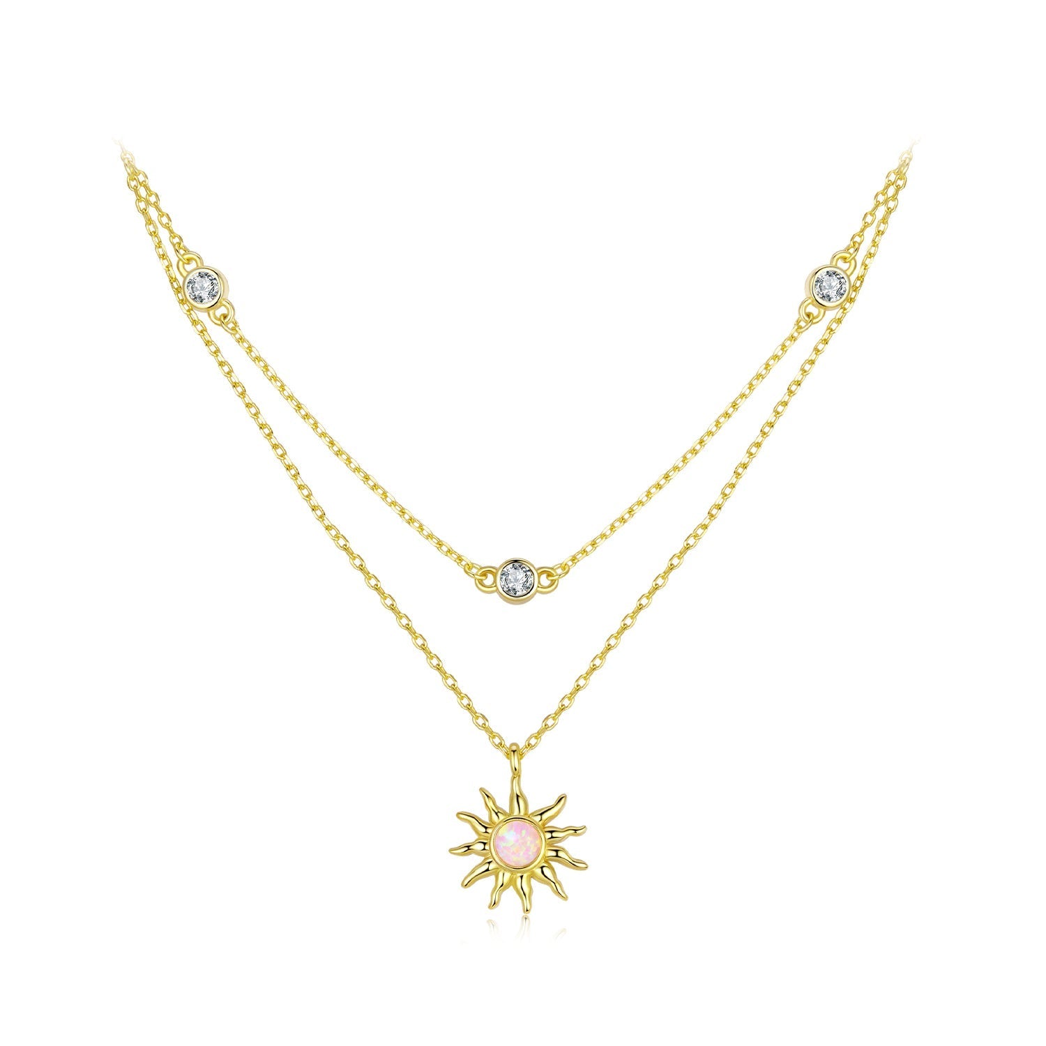 925 Sterling Silver Necklace with Synthetic Opal and CZ, 44cm Adjustable, Gold Plated for Women