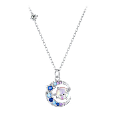 925 Sterling Silver Necklace with Pavé CZ &amp; Transparent Glass Pendant for Women