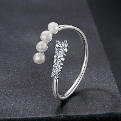 925 Sterling Silver Moissanite &amp; Freshwater Pearl Ring, White Gold Plated, Size E for Women  DestGlow