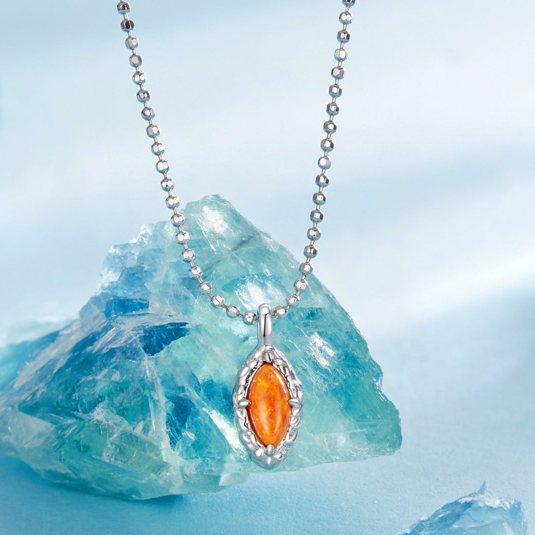 925 Sterling Silver Necklace with Synthetic Opal Pendant, 45cm, Plated White Gold for Women  DestGlow