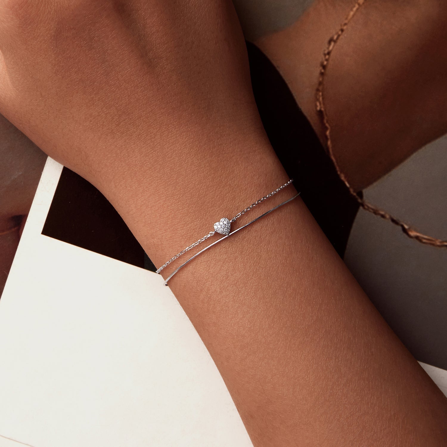 925 Sterling Silver White Gold Plated Heart-Shaped Bracelet with CZ, Length 150+60mm  DestGlow