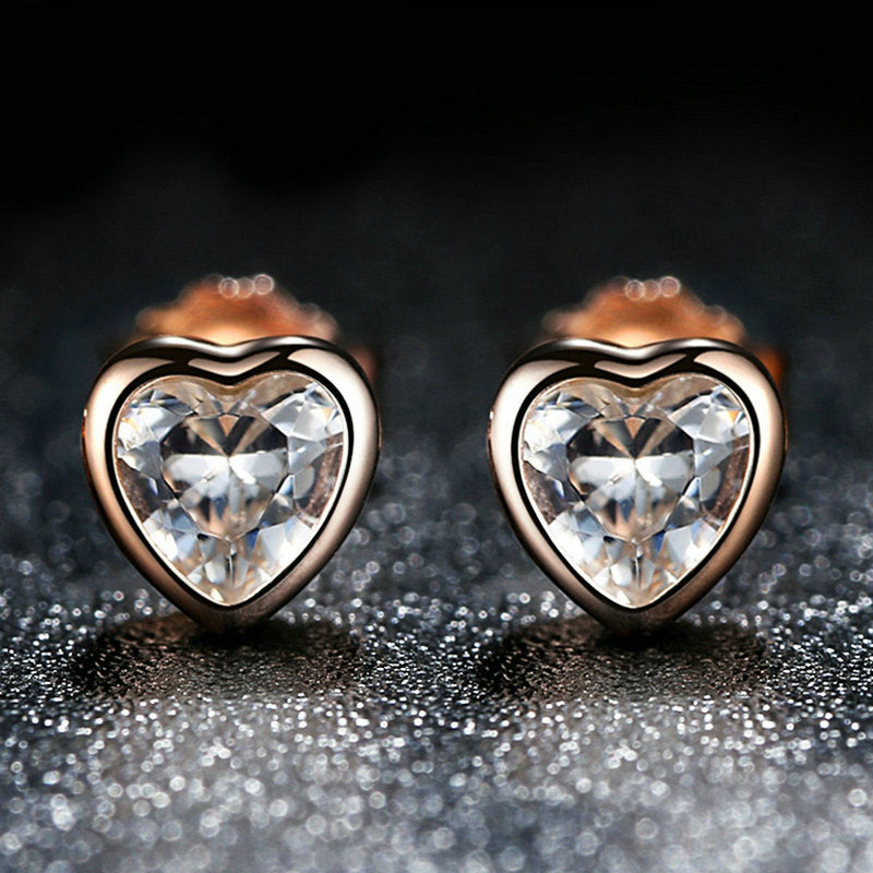 925 Sterling Silver Heart Shaped CZ Earrings with Rose Gold Plating for Women  DestGlow