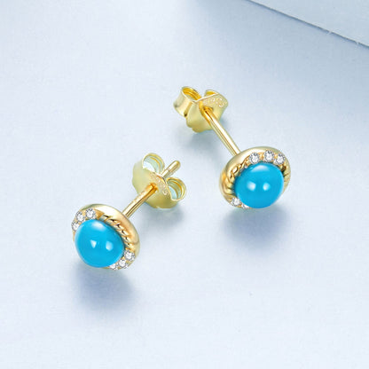 925 Sterling Silver Earrings with Synthetic Turquoise and CZ in Gold Plating  DestGlow