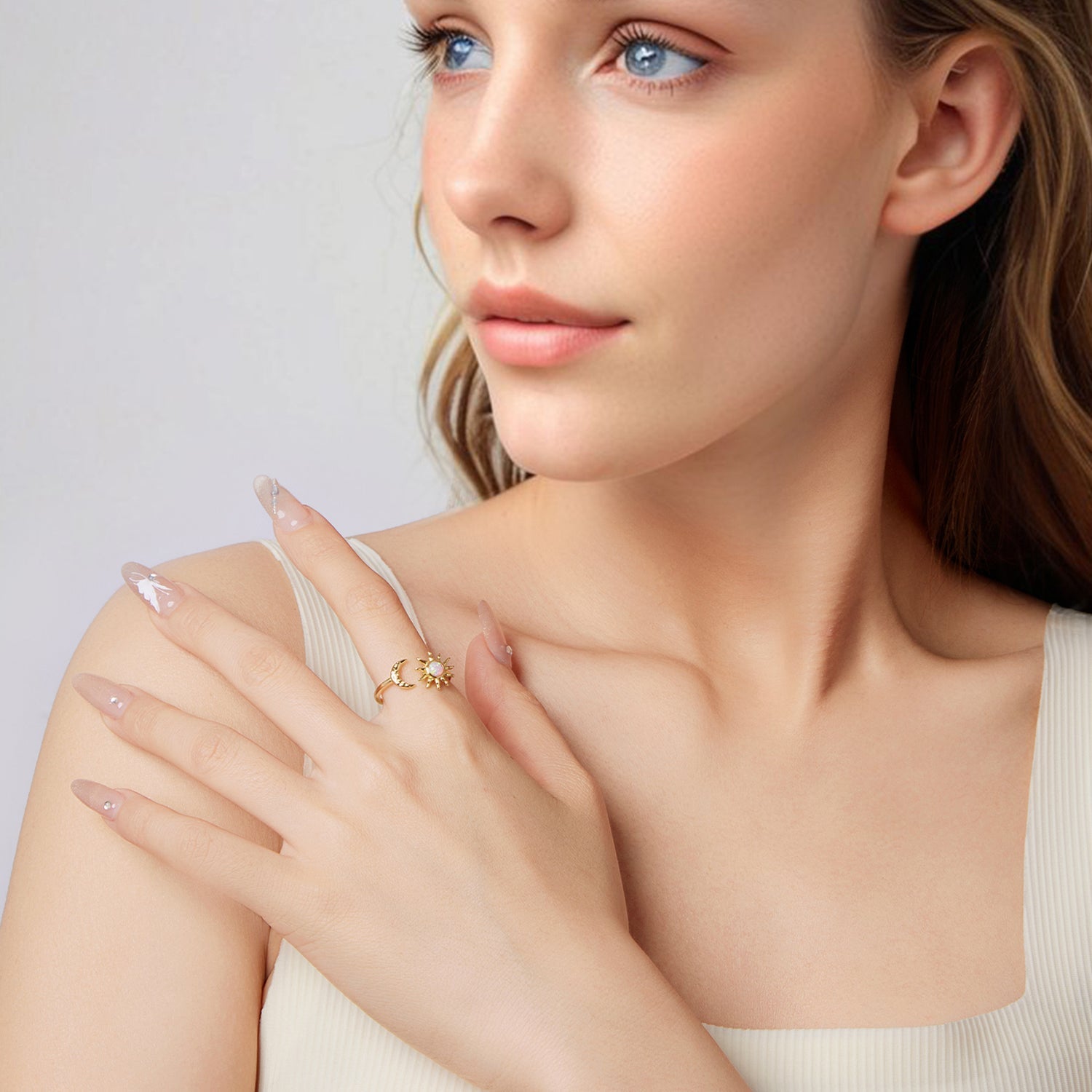 925 Sterling Silver Gold Plated Ring with Synthetic Opal Sun &amp; Moon for Women  DestGlow