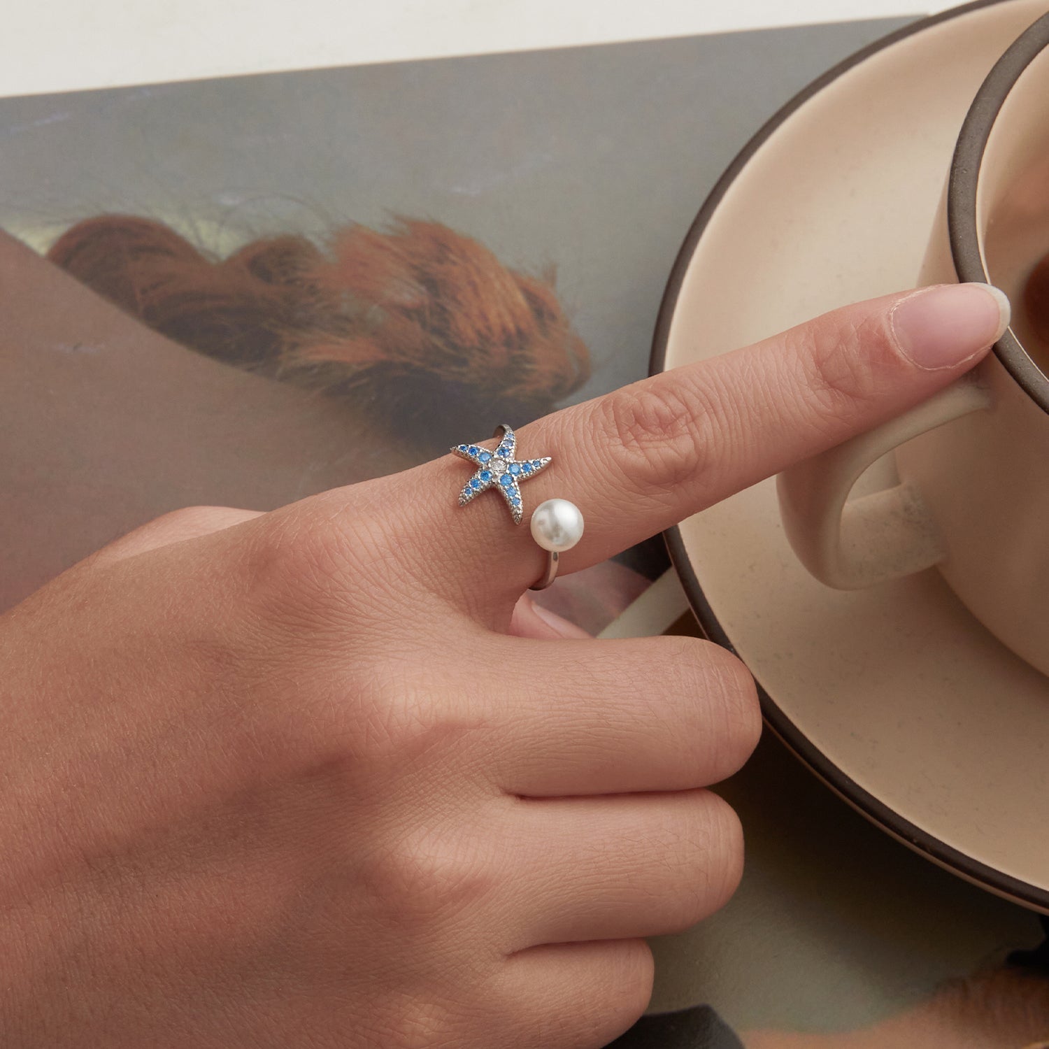 925 Sterling Silver White Gold Plated Quality Shell Pearl Starfish Ring for Women  DestGlow