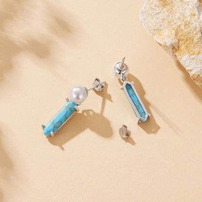 925 Sterling Silver Earrings with Synthetic Turquoise and Pearl, 2.4*0.6cm for Women
