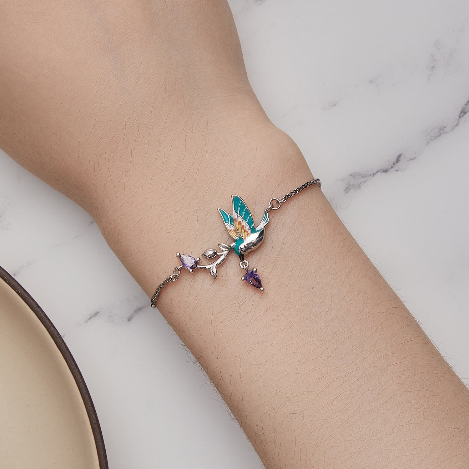 925 Sterling Silver Enamel Plated Platinum Bracelet with CZ, Adjustable Length for Women  DestGlow