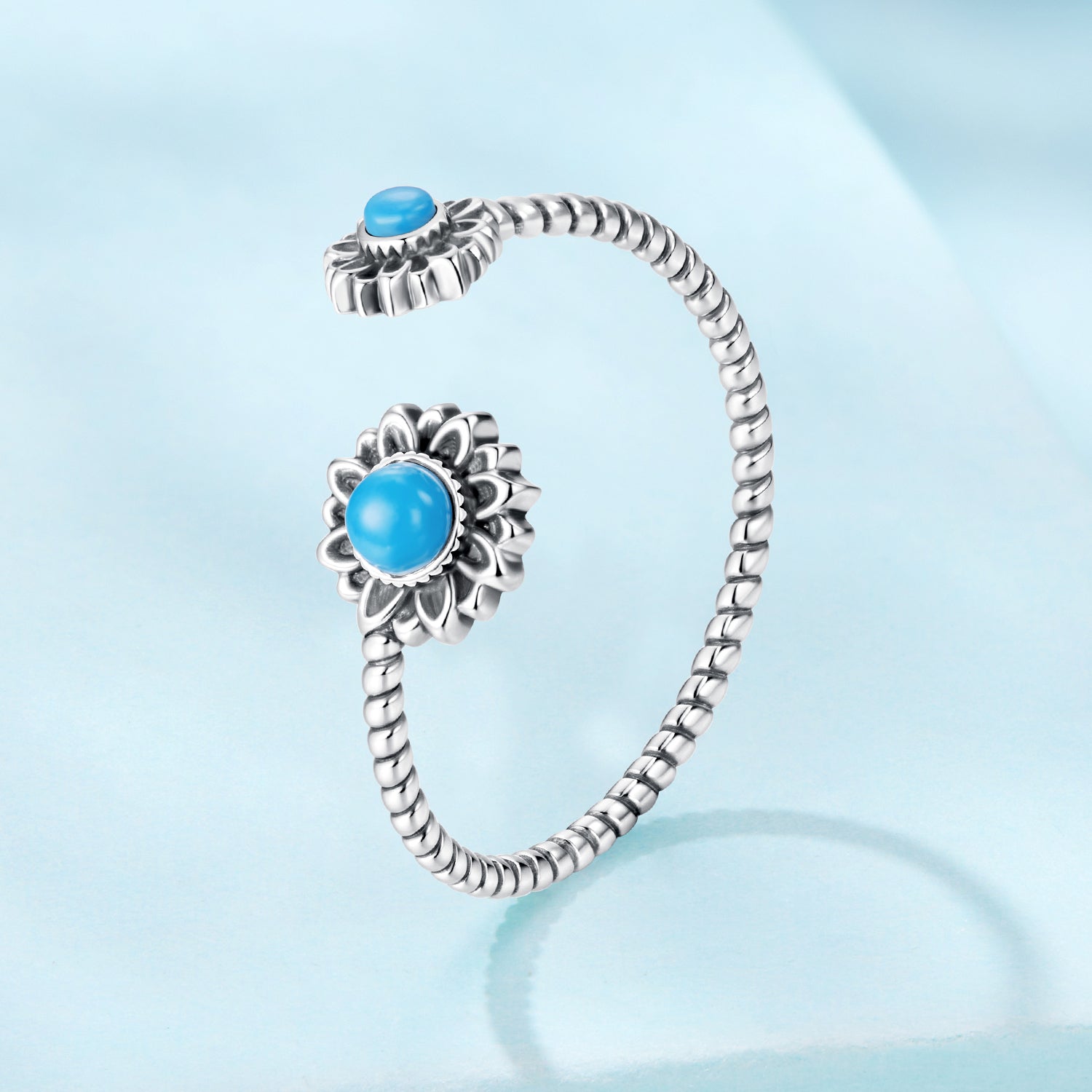 925 Sterling Silver Synthetic Turquoise Ring for Women - Oxidized Silver, Width: 0.12cm, Size: 0.5-0.7cm  DestGlow