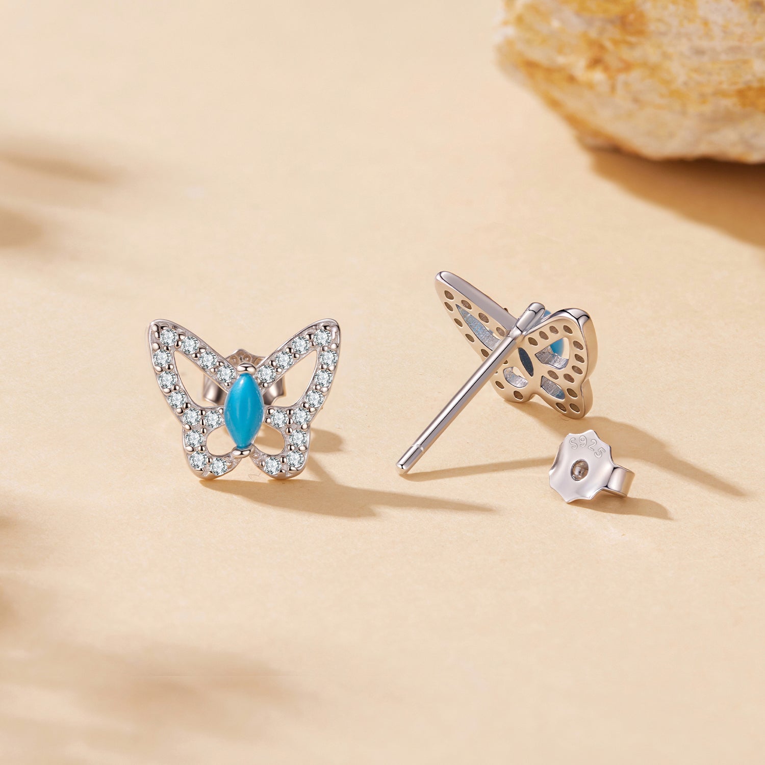 925 Sterling Silver White Gold Plated Earrings with Synthetic Turquoise and CZ  DestGlow