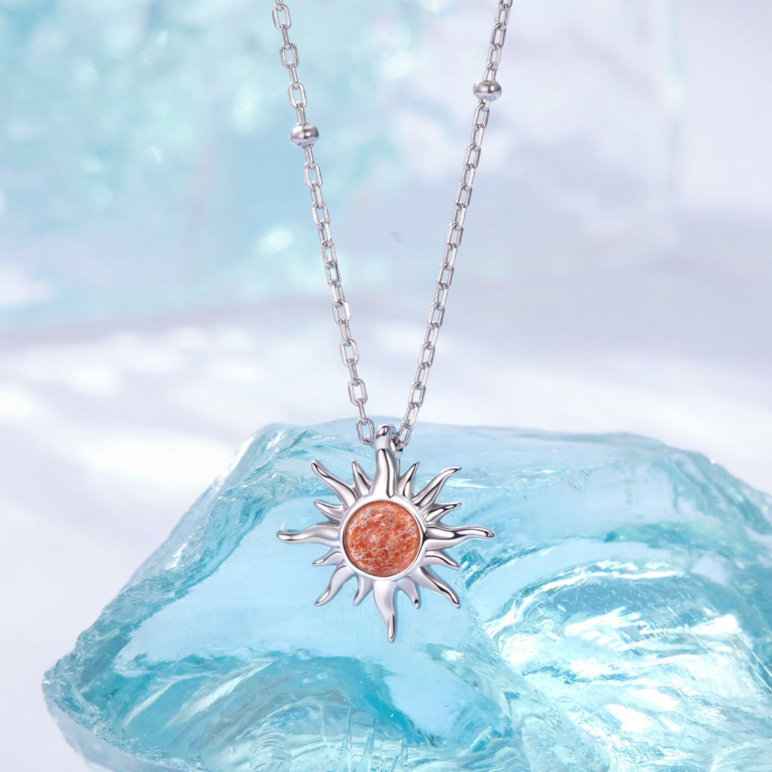 925 Sterling Silver Necklace with Natural Golden Sunstone, 40+5cm, Plated White Gold for Women  DestGlow