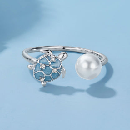 925 Sterling Silver Turtle Ring with Quality Shell Pearl &amp; CZ - Size: nan  DestGlow