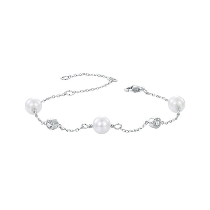 925 Sterling Silver 3mm Moissanite &amp; Shell Pearl Bracelet for Women