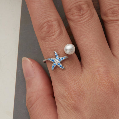 925 Sterling Silver White Gold Plated Quality Shell Pearl Starfish Ring for Women  DestGlow