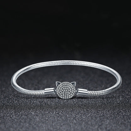 925 Sterling Silver Bracelet with Cat Head Charm, 17cm for Women
