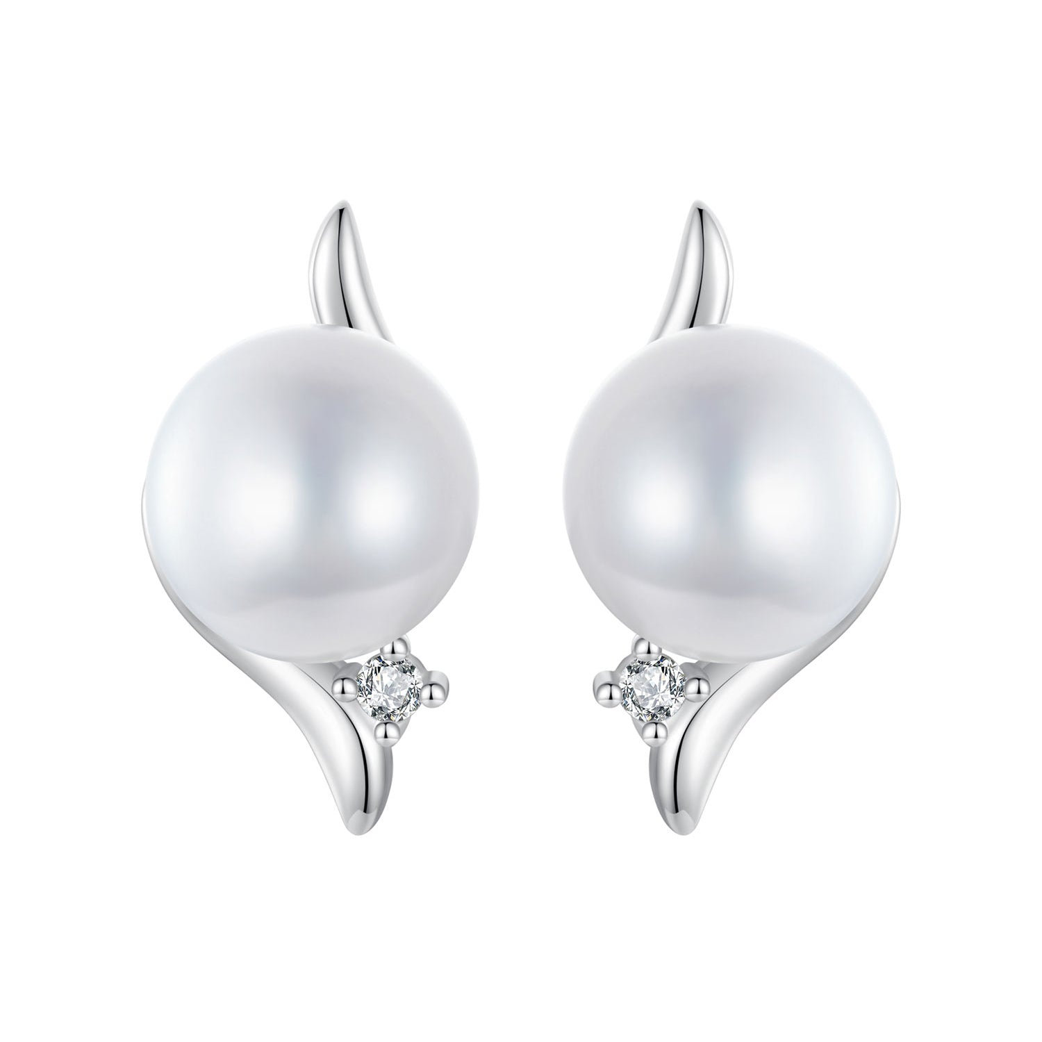 925 Sterling Silver Natural Pearl &amp; CZ Earrings Plated in Platinum