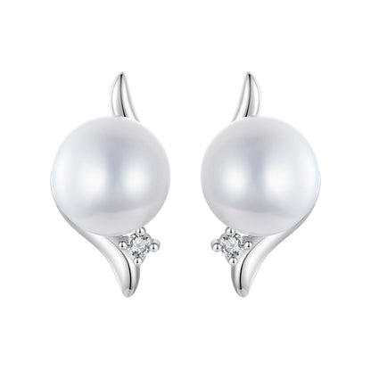 925 Sterling Silver Natural Pearl &amp; CZ Earrings Plated in Platinum