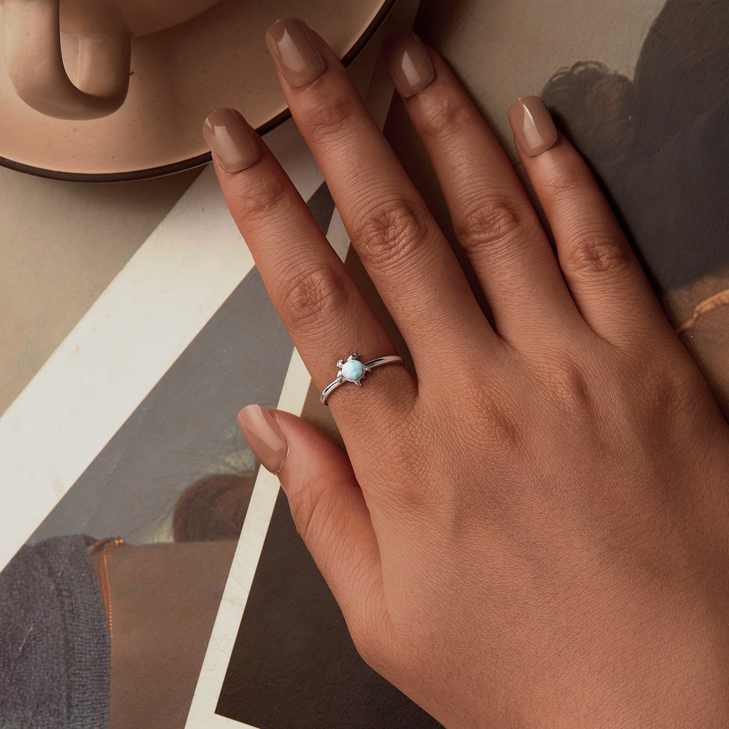 925 Sterling Silver + Plated White Gold Larimar Ring - Style E - 1.6mm Width  DestGlow