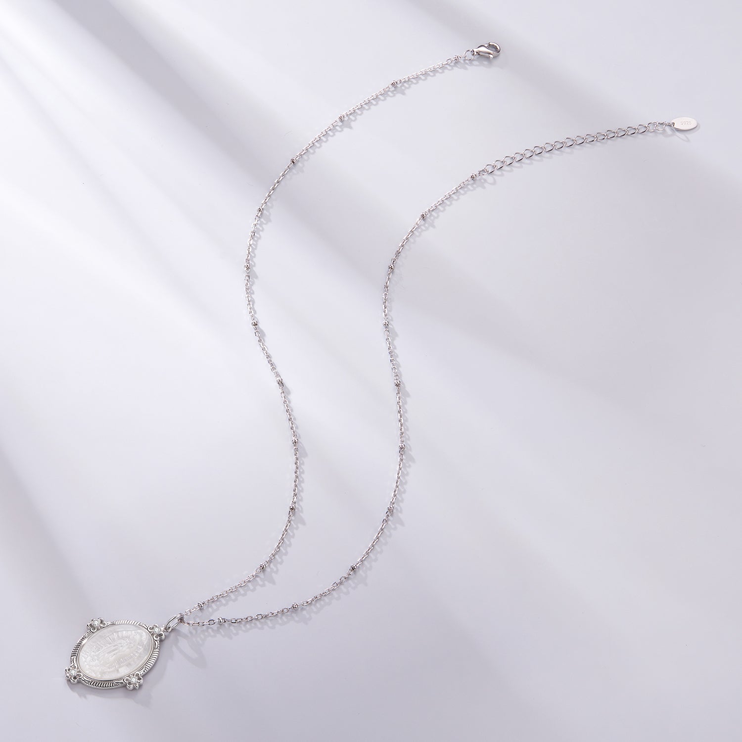 925 Sterling Silver Necklace with White Gold Plating, 40+5cm Length, CZ &amp; Mother of Pearl Pendant for Women