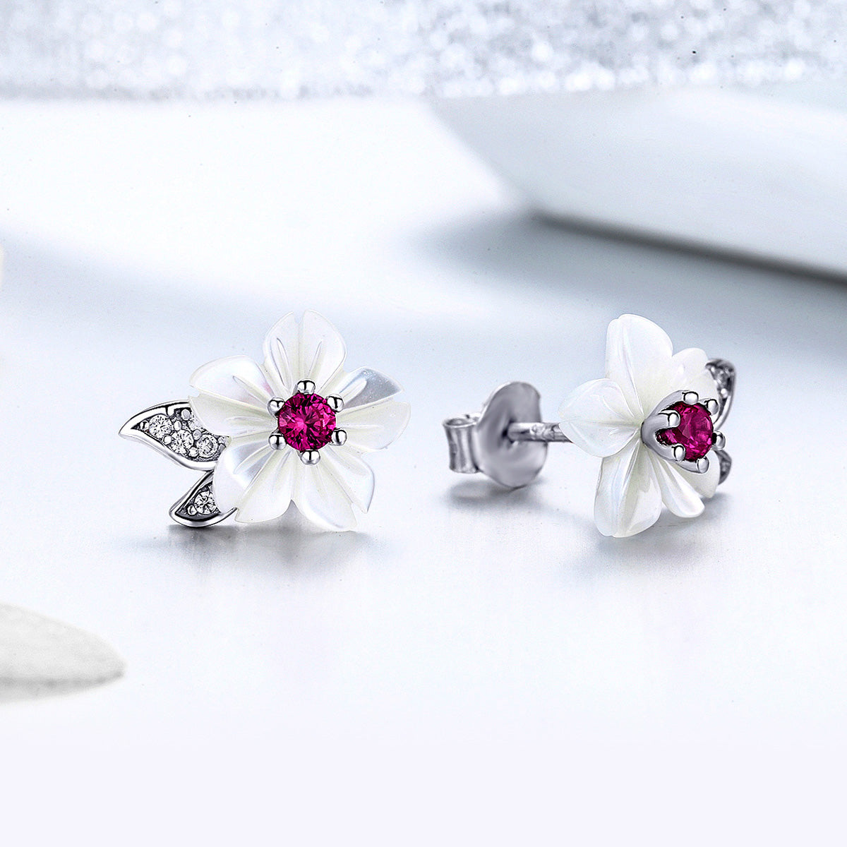 925 Sterling Silver Earrings with Pavé Setting CZ and High-Quality Nacre  DestGlow