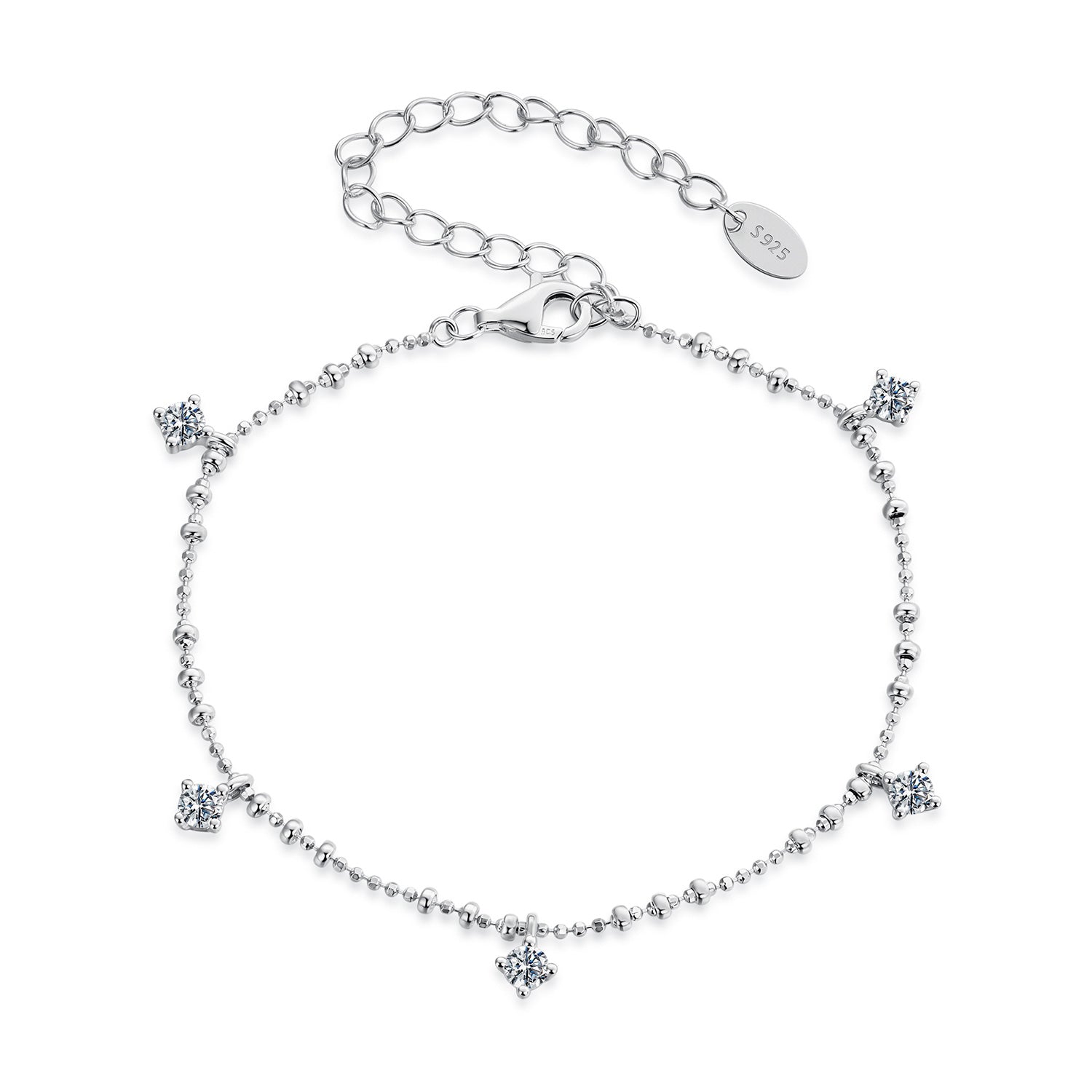 925 Sterling Silver &amp; Moissanite Bracelet for Women - 15+6cm, Plated White Gold