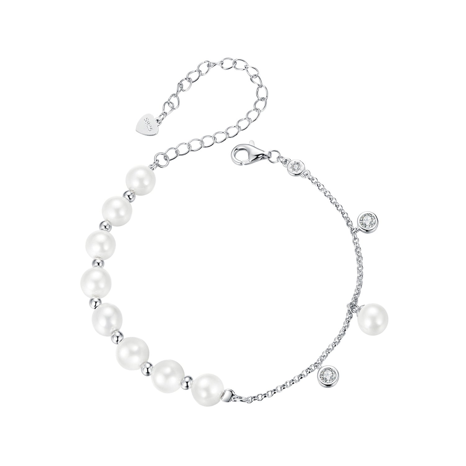 925 Sterling Silver 15+6cm White Gold Plated Bracelet with Quality Shell Pearl &amp; CZ for Women  DestGlow