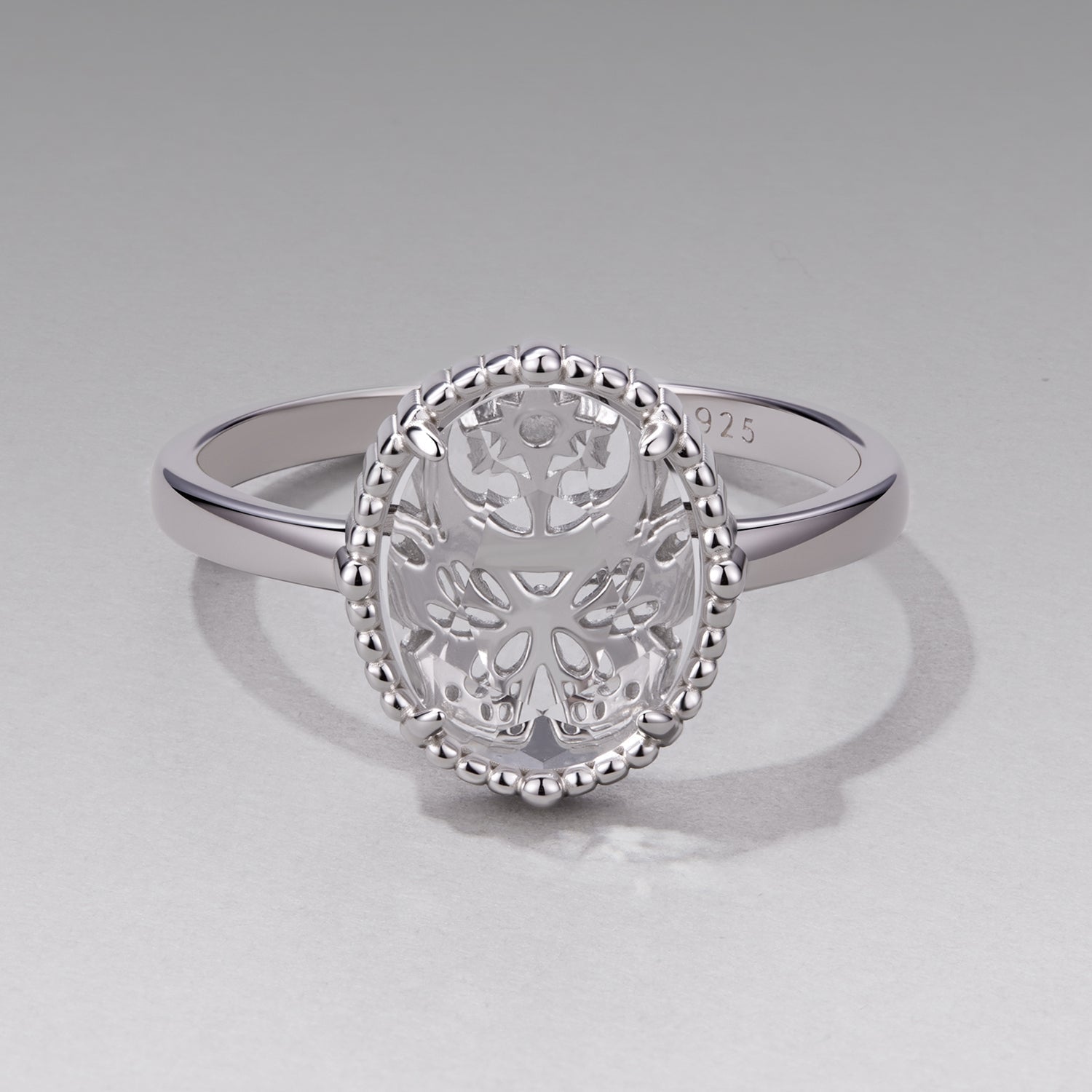 925 Sterling Silver Pavé Setting CZ White Gold Plated Ring with Transparent Glass for Women  DestGlow