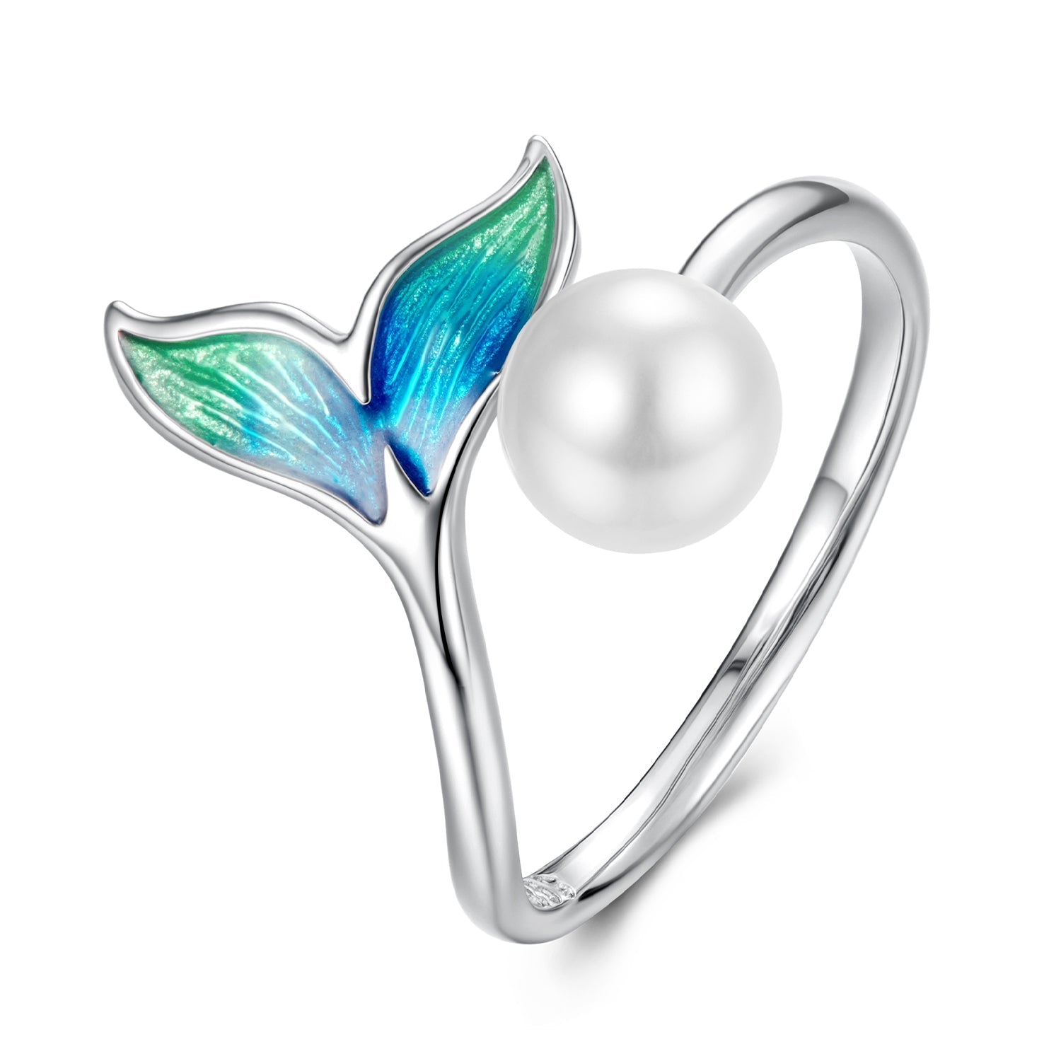 925 Sterling Silver Enamel White Gold Plated Fishtail Ring with Quality Shell Pearl for Women  DestGlow