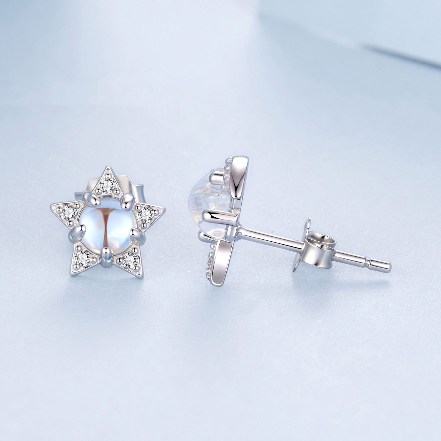 925 Sterling Silver White Gold Plated Moonstone &amp; CZ Earrings  DestGlow