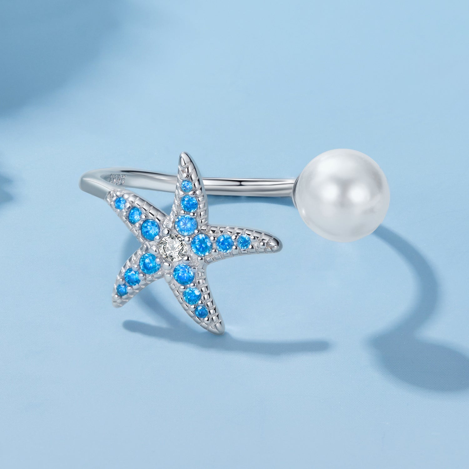 925 Sterling Silver White Gold Plated Quality Shell Pearl Starfish Ring for Women  DestGlow