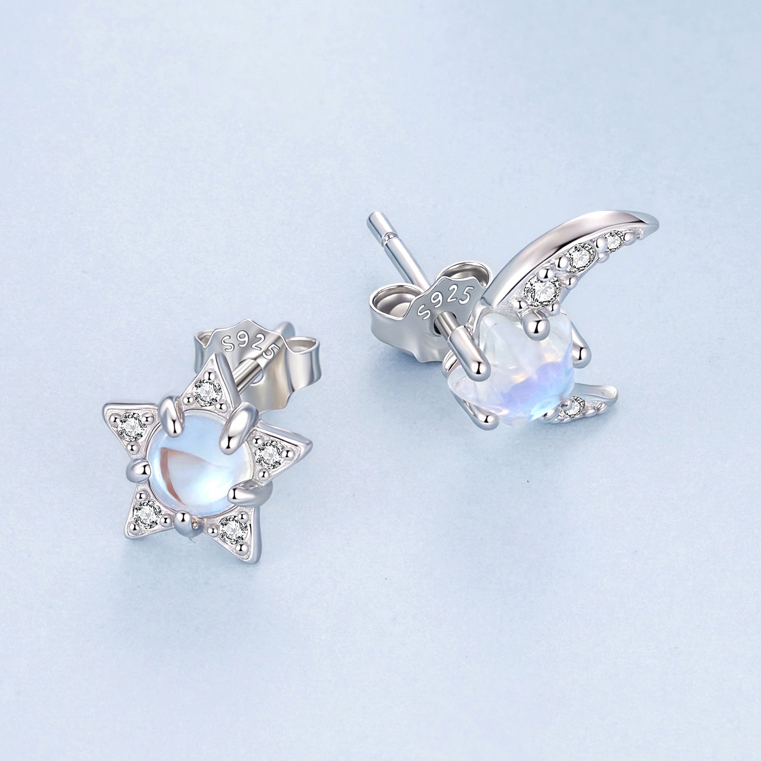 925 Sterling Silver White Gold Plated Moonstone &amp; CZ Earrings  DestGlow