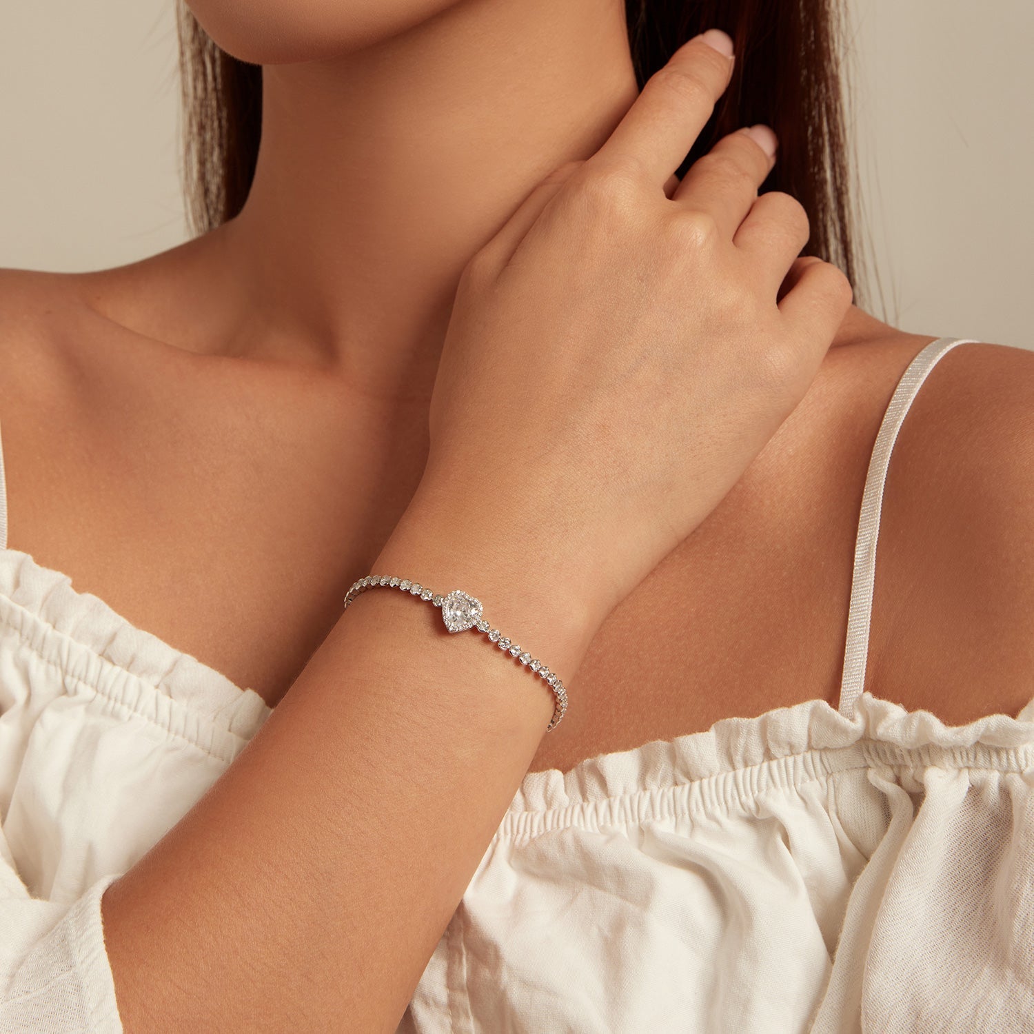 925 Sterling Silver Bracelet with CZ Zircon, 15+6.5cm, Platinum Plated for Women  DestGlow