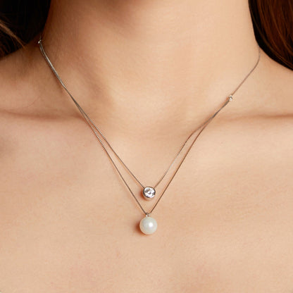 925 Sterling Silver Moissanite &amp; Quality Shell Pearl Necklace for Women - 40+5cm, White Gold Plated