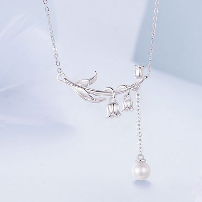 925 Sterling Silver Necklace with Quality Shell Pearl &amp; Platinum Plating, 380mm Length for Women  DestGlow