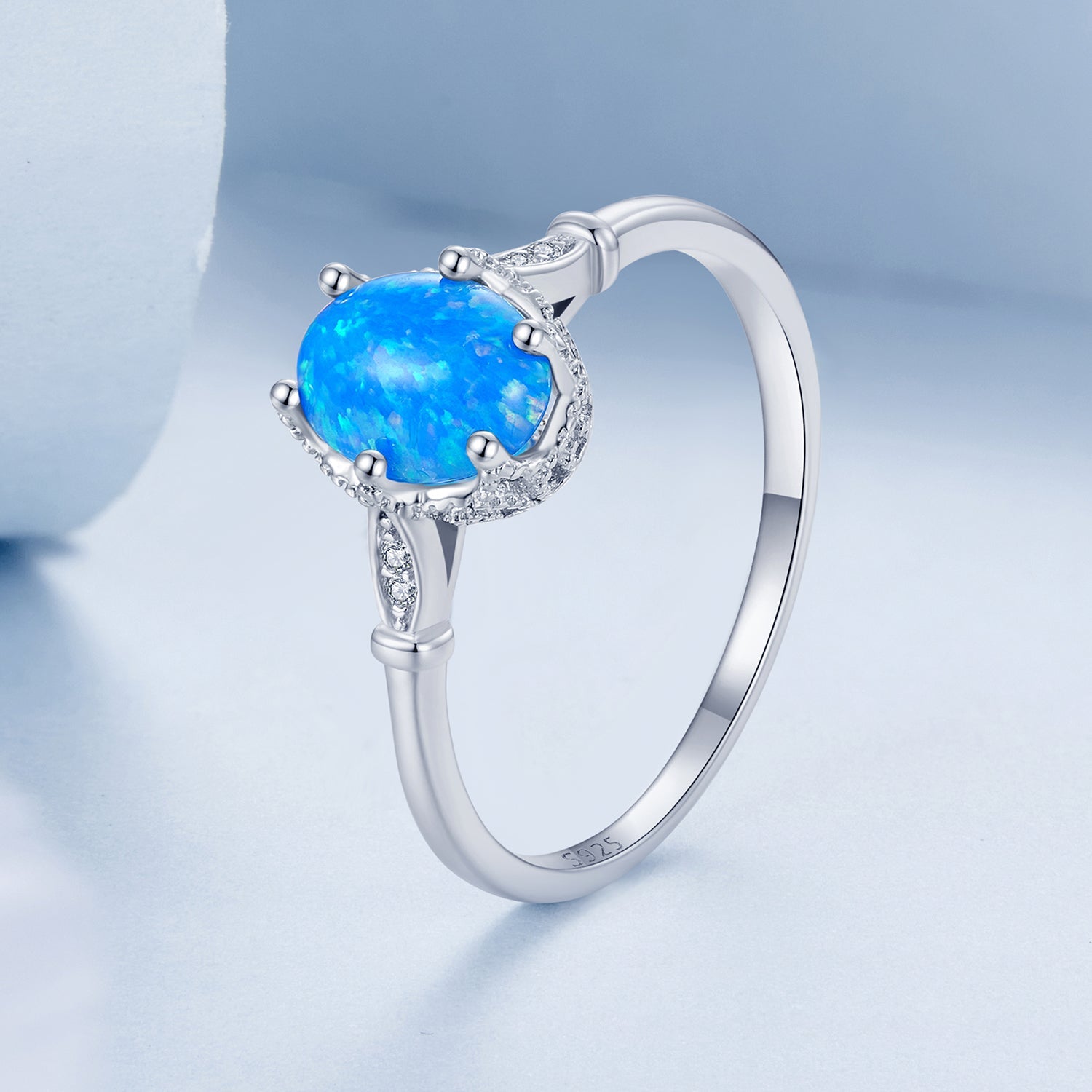 925 Sterling Silver Opal Rings in Size 6.0 with Pave Setting &amp; Plated White Gold for Women