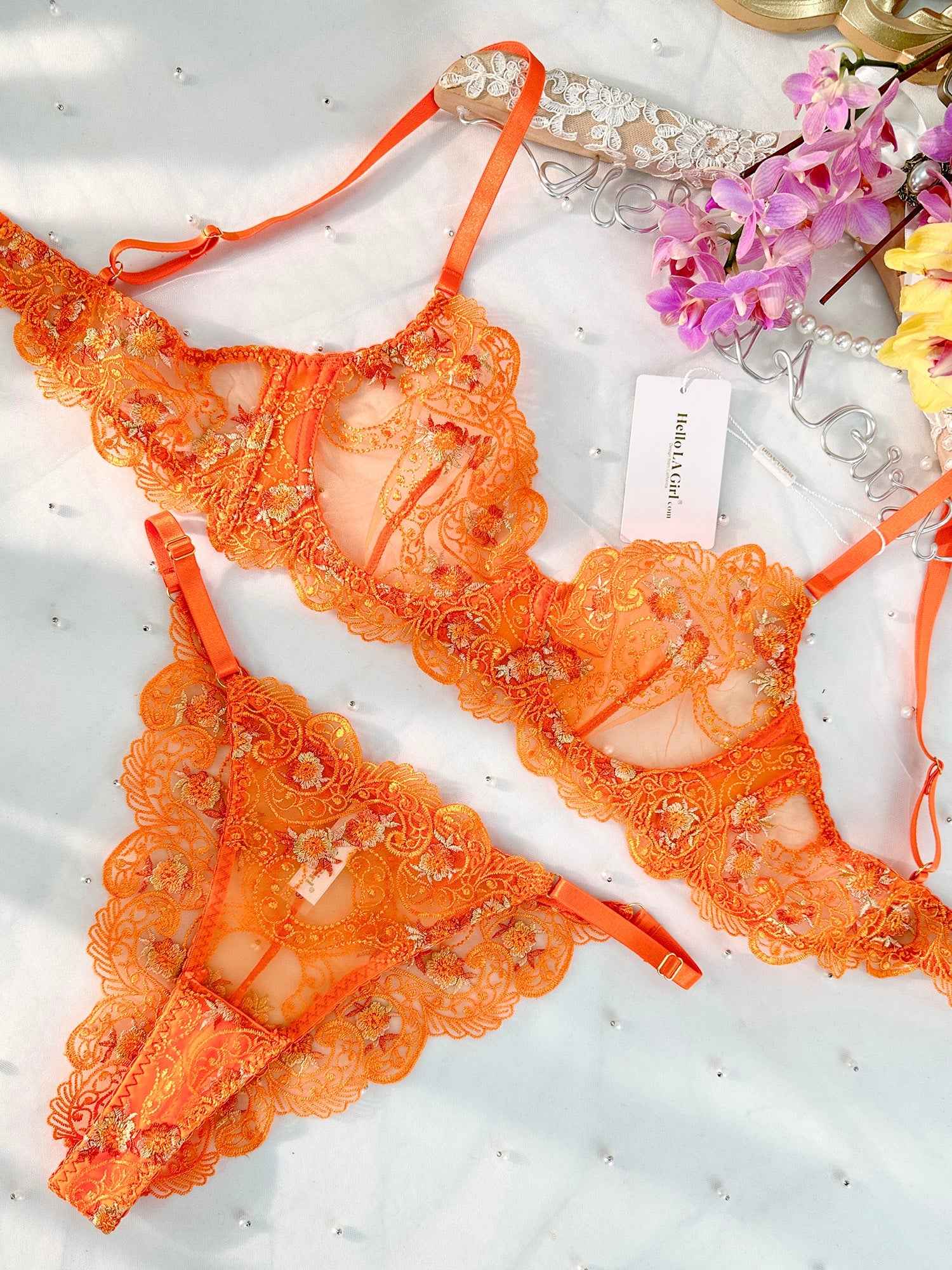 Orange Floral Embroidery Lingerie Set