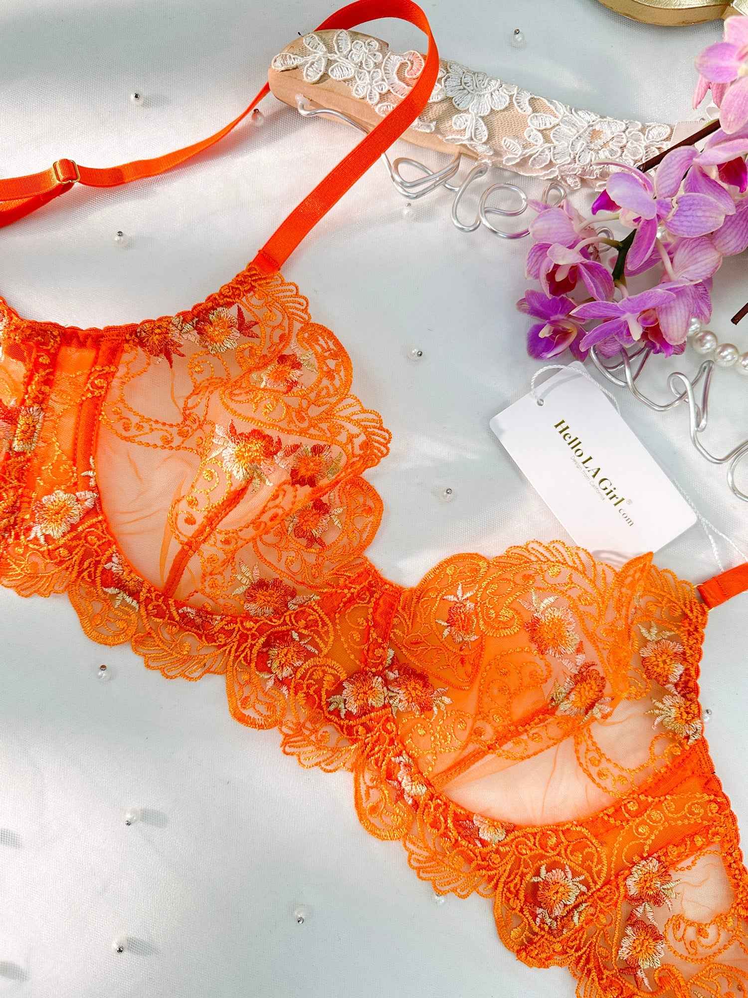 Orange Floral Embroidery Lingerie Set