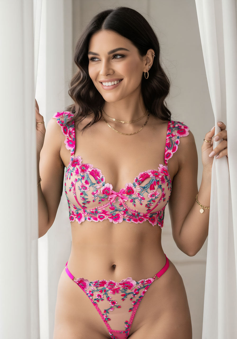 Pink Blossom Embroidery Lingerie Set