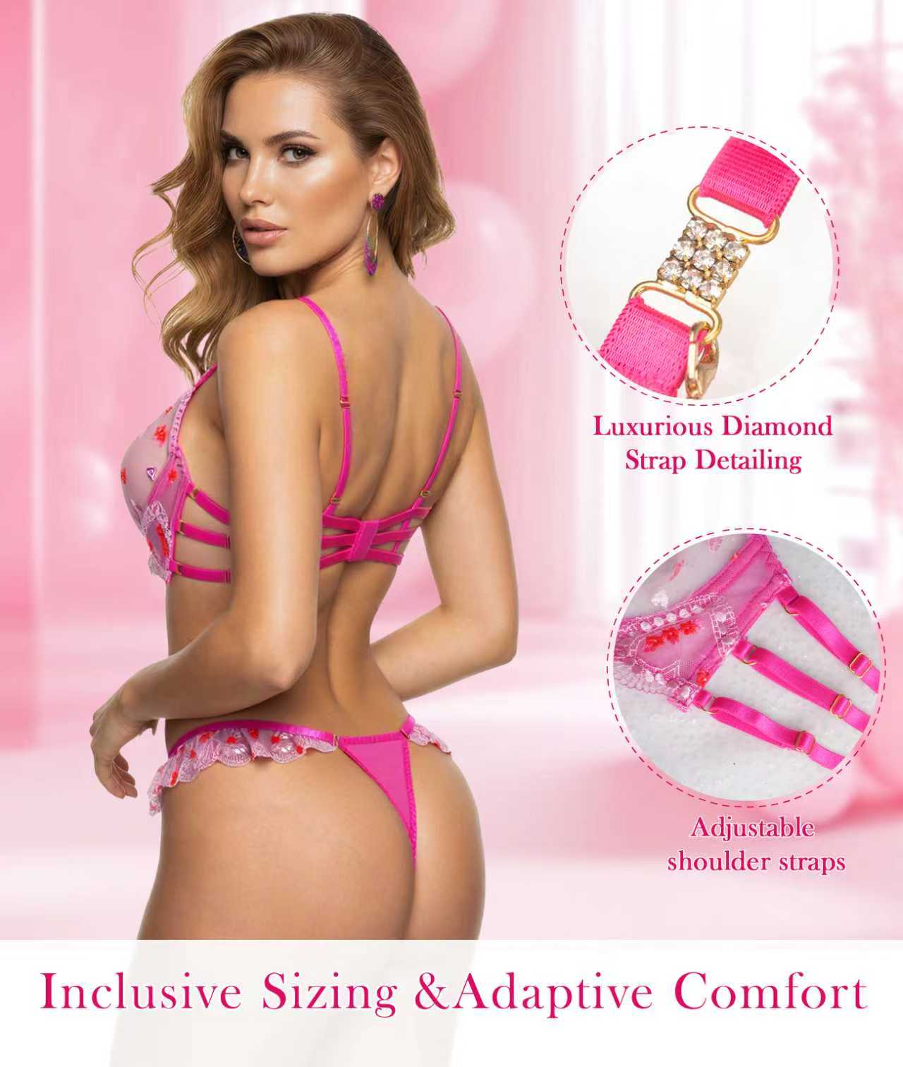 Pink Blossom Embroidery Lingerie Set