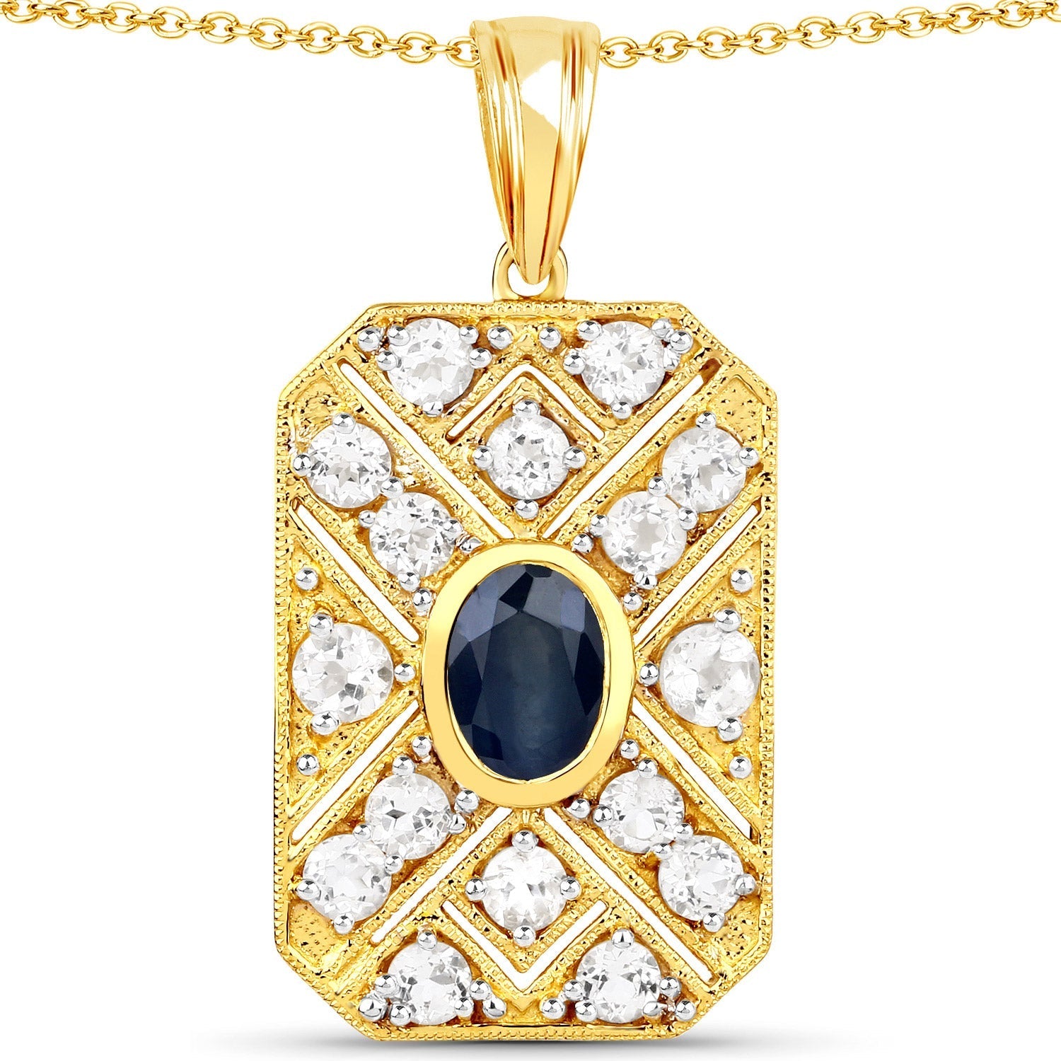 3.43 Carat Genuine Blue Sapphire and White Topaz .925 Sterling Silver Pendant  DestGlow