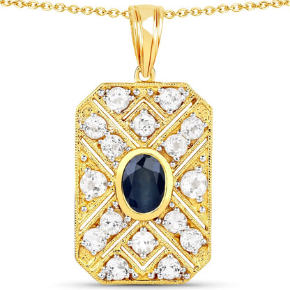 3.43 Carat Genuine Blue Sapphire and White Topaz .925 Sterling Silver Pendant  DestGlow