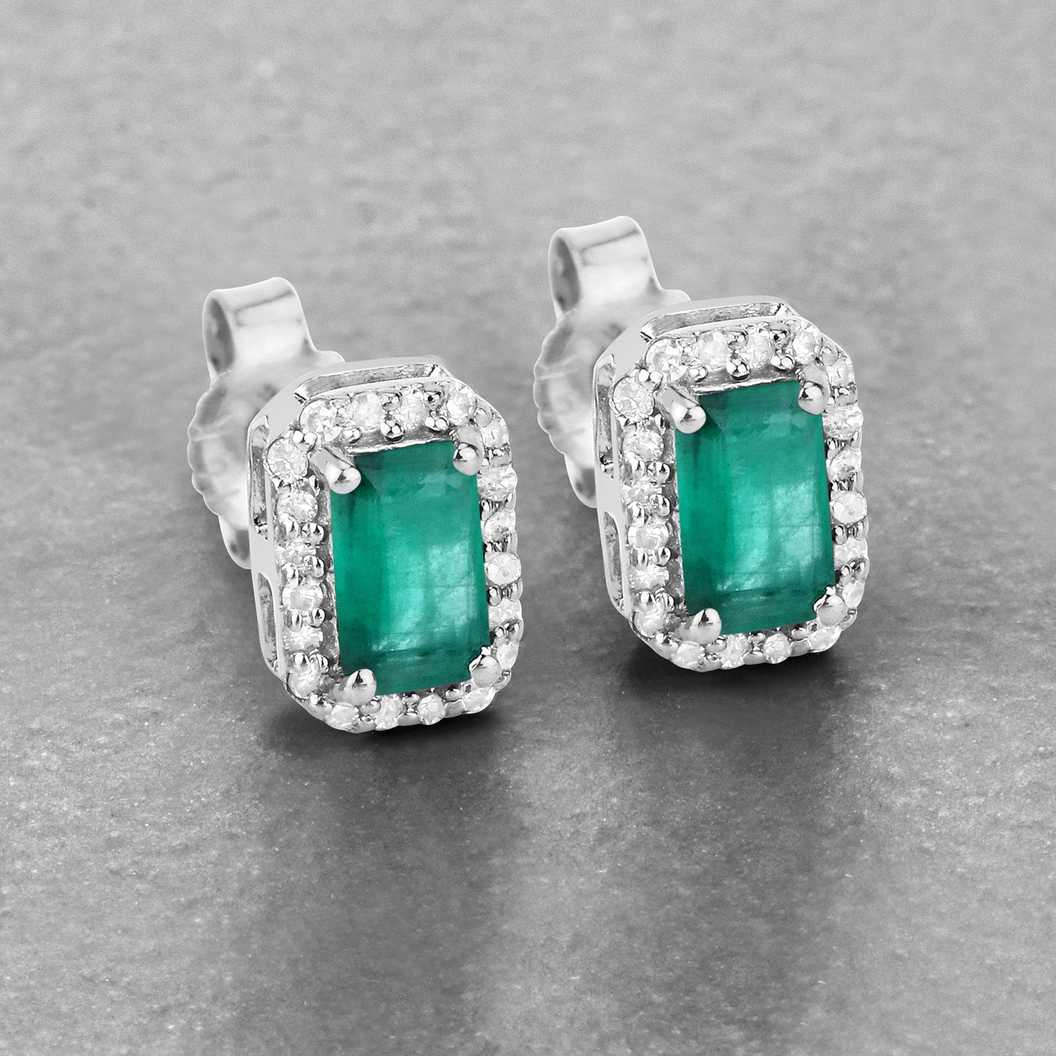 0.91 Carat Genuine Zambian Emerald and White Diamond 14K White Gold Earrings by Bids.com