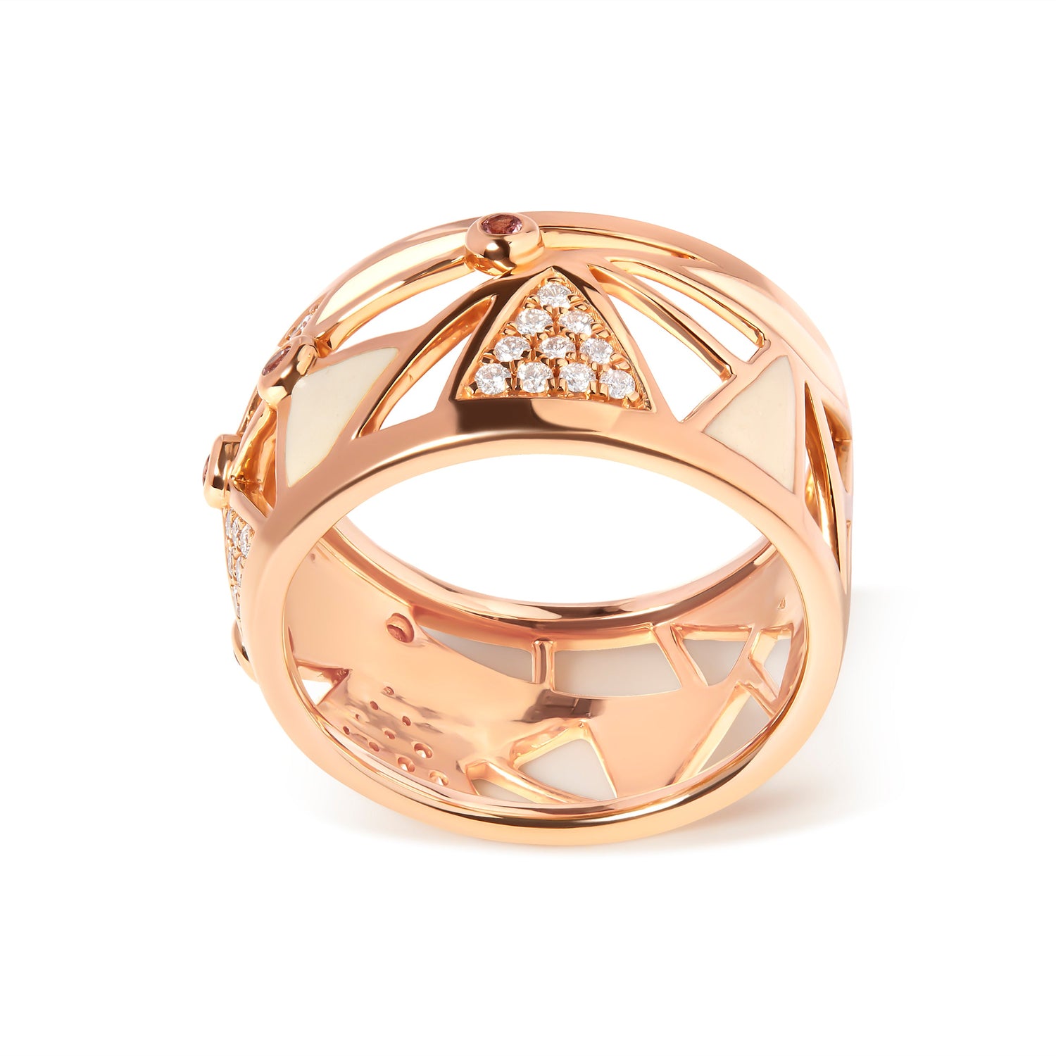 14K Rose Gold 1/3 Cttw Diamond and Pink Tourmaline Cigar Band Ring with White Enamel (G-H Color, SI1-SI2 Clarity) by Bids.com