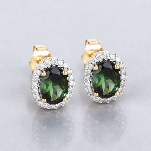 1.92 Carat Genuine Green Tourmaline and White Diamond 14K Yellow Gold Earrings by Bids.com