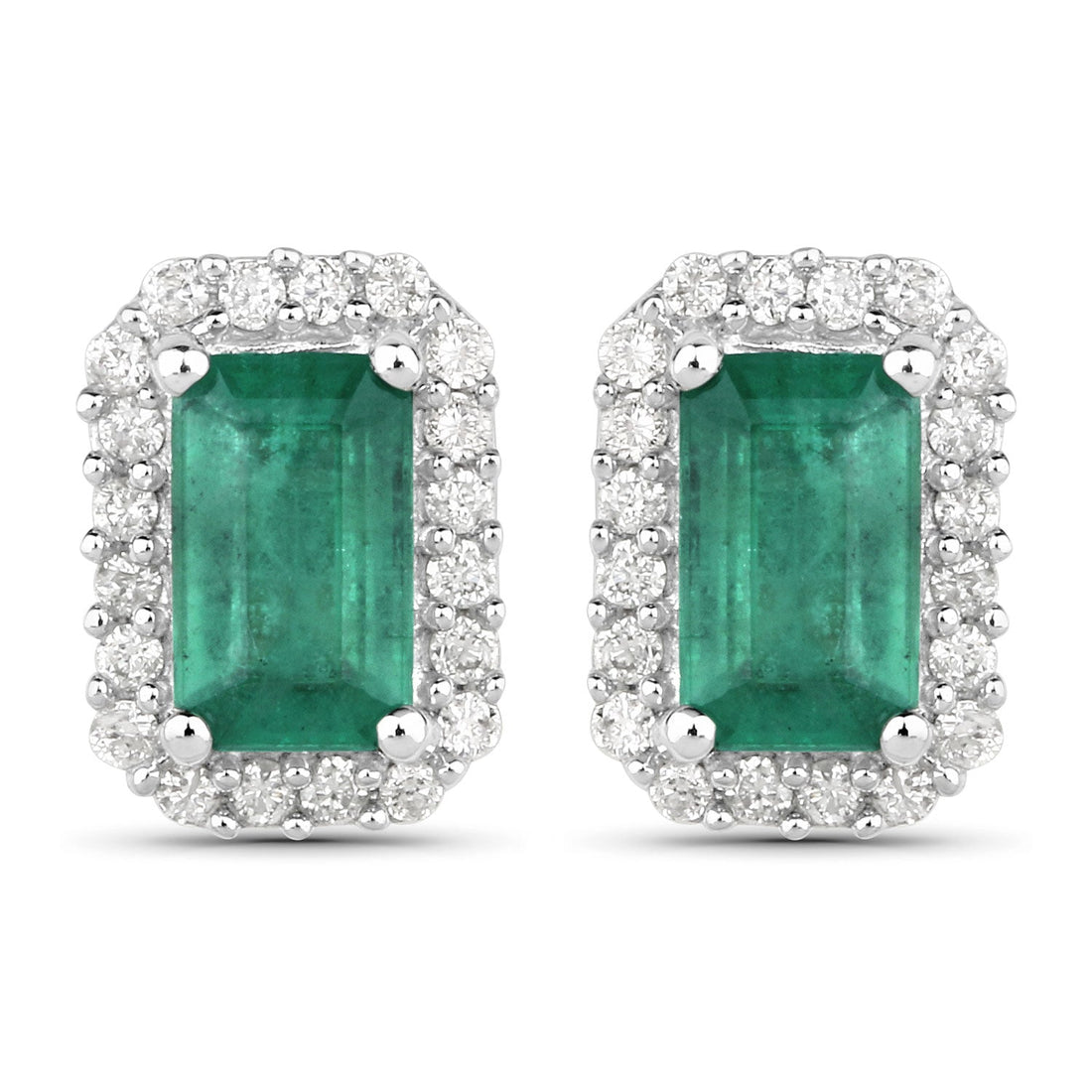 0.91 Carat Genuine Zambian Emerald and White Diamond 14K White Gold Earrings by Avera Group